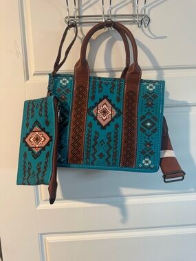 Turquoise Aztec Crossbody Tote with Brown Trim and Matching Pouch